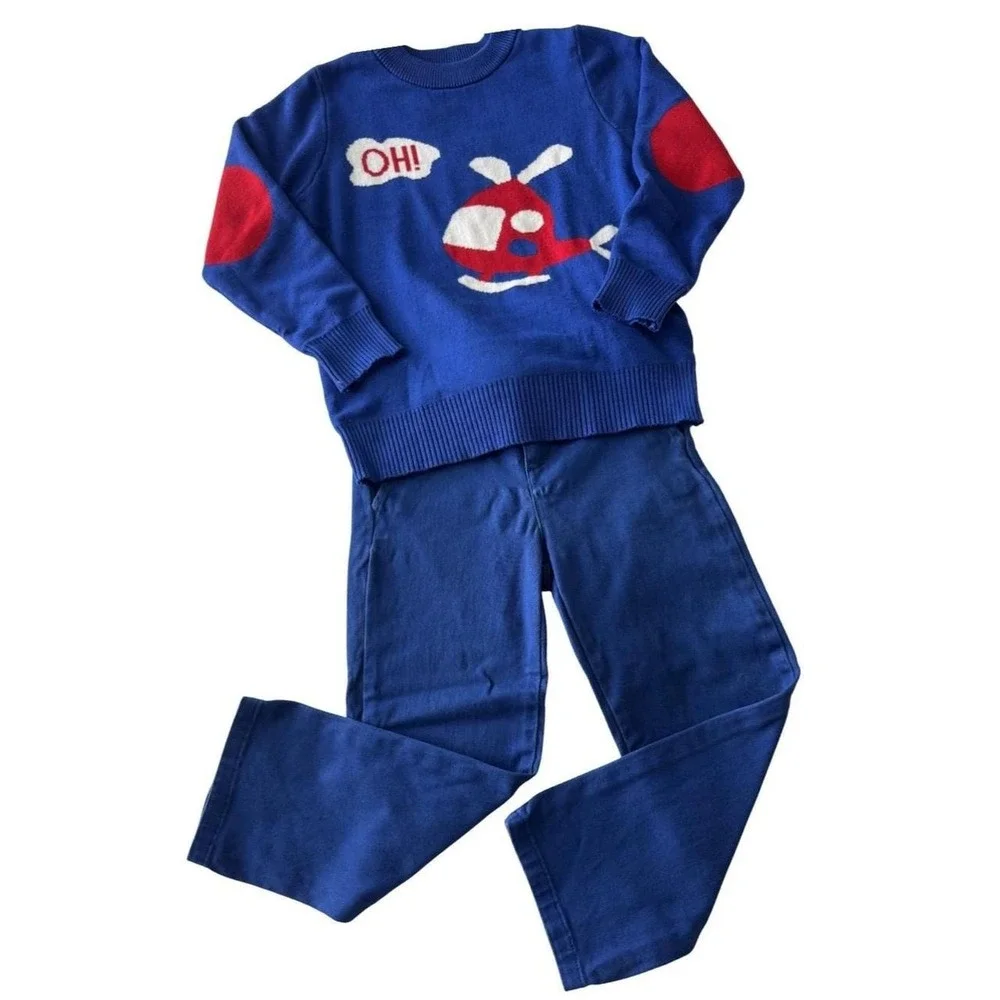 Cute coordinated toddler boys outfit! Janie and Jack blue pants & Sweatshirt